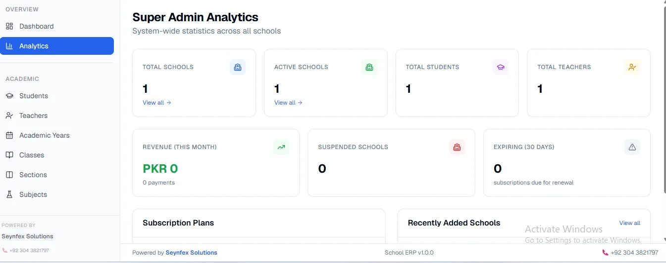 School ERP super admin analytics page with system-wide statistics