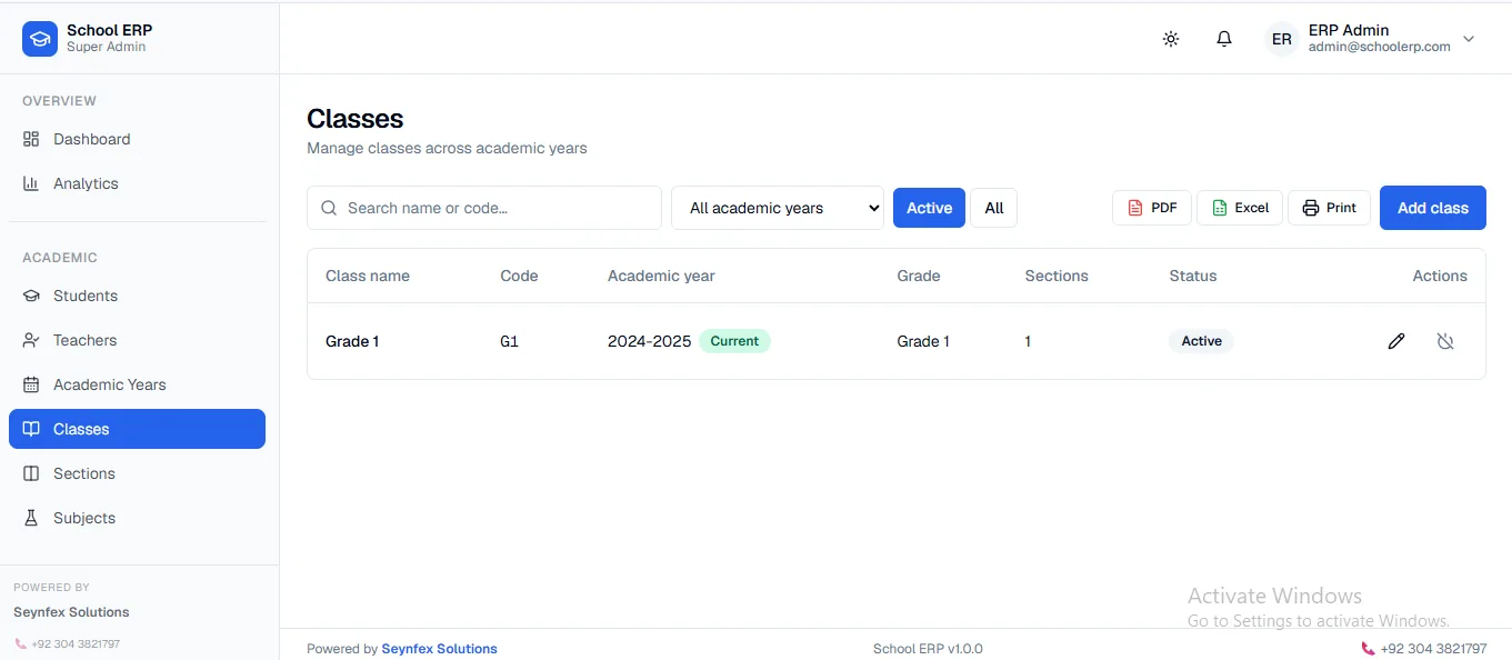 School ERP class and section management page with academic year filters