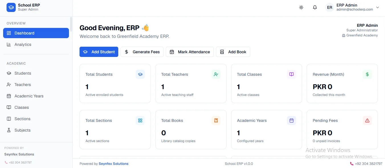 School ERP admin dashboard showing student, teacher, class, and revenue stats