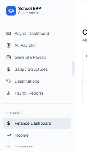 School ERP payroll and finance navigation showing salary and income modules