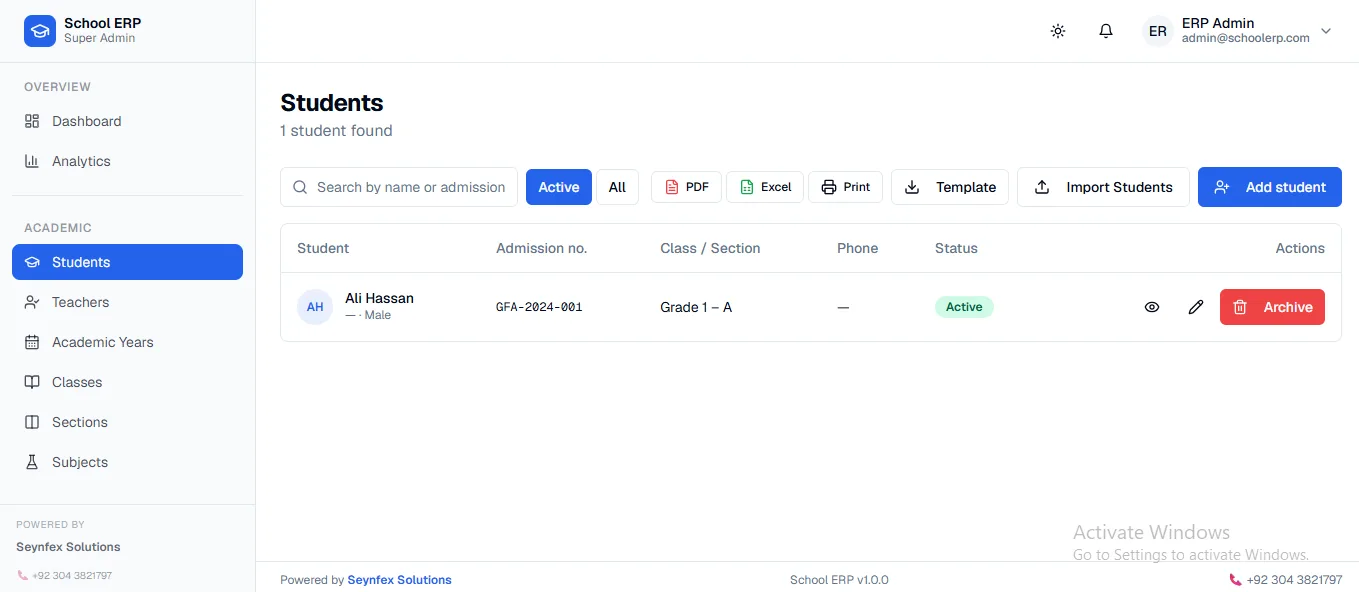 School ERP student management page with student list and admission details
