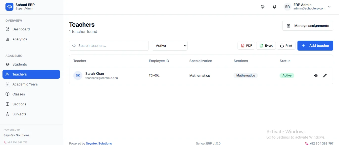 School ERP teacher management page with teacher profiles and assignments